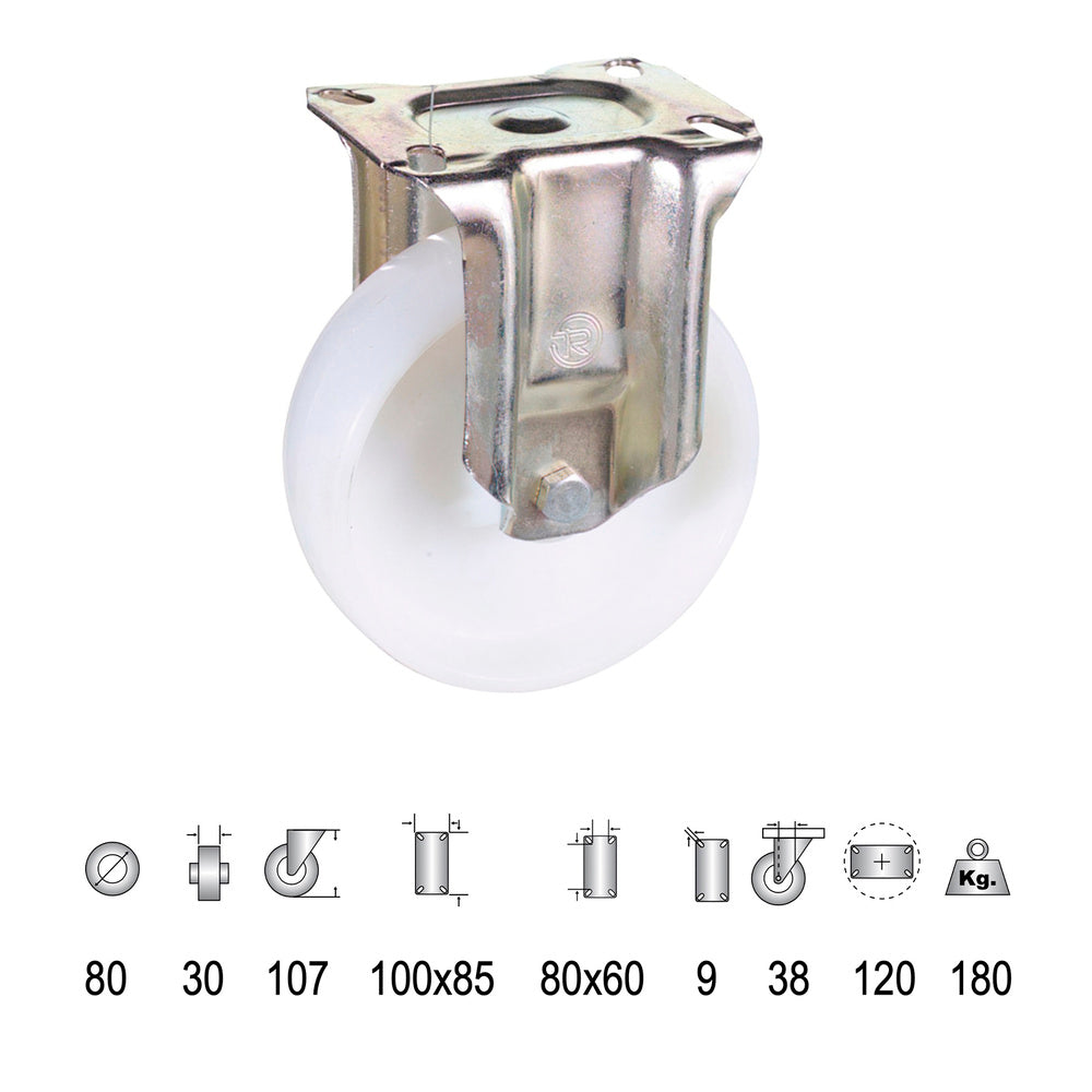 Rodízio industrial em nylon de 80 mm com placa fixa