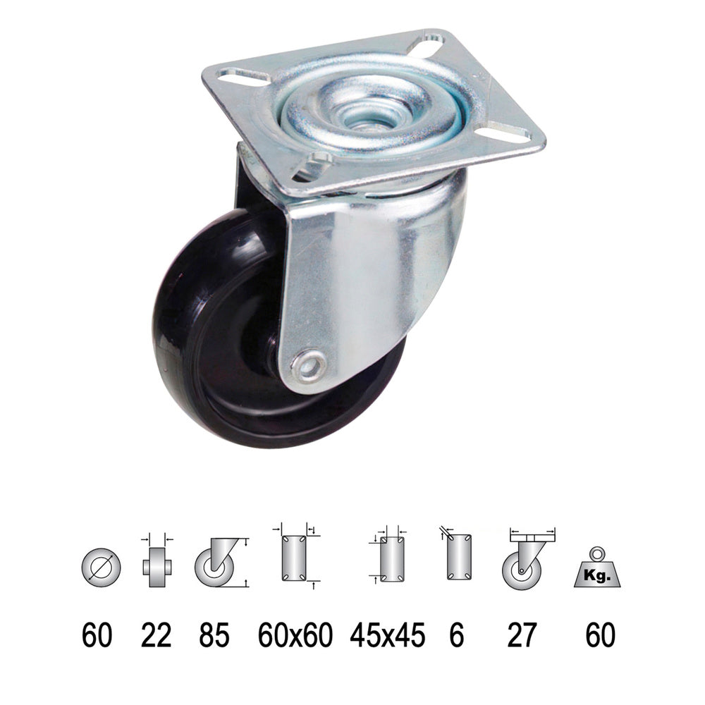 Roda doméstica em poliamida preta, placa de 60 mm