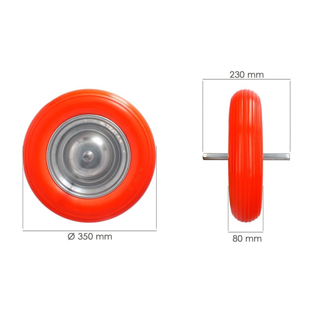 Solid wheelbarrow wheel for construction/garden, steel rim "plus" orange puncture-proof, for axle ø 19 mm, wheel ø 35 cm