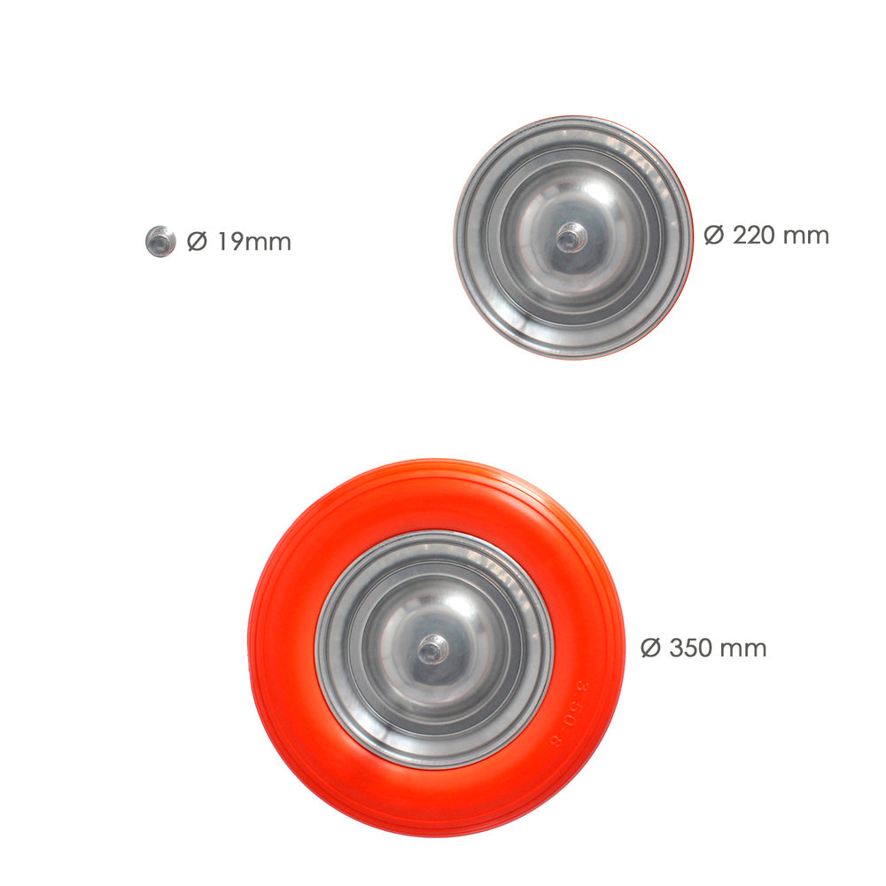 Solid wheelbarrow wheel for construction/garden, steel rim "plus" orange puncture-proof, for axle ø 19 mm, wheel ø 35 cm