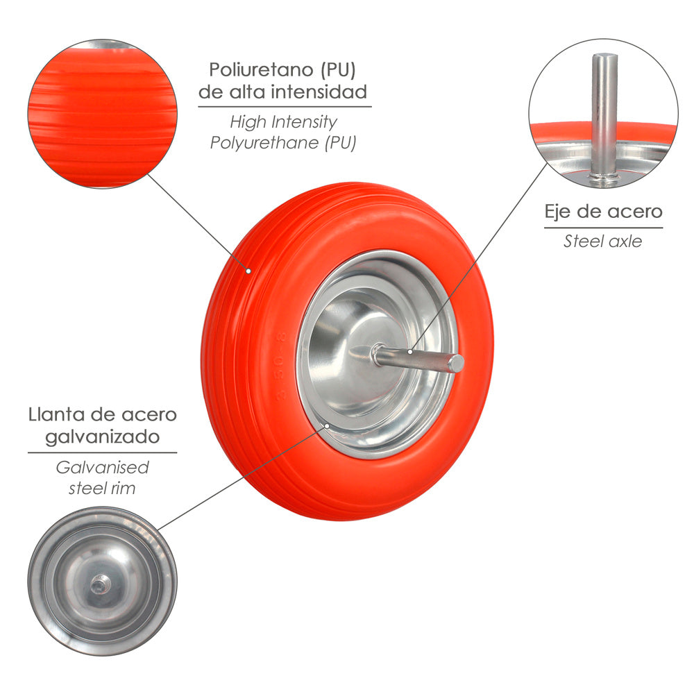Solid wheelbarrow wheel for construction/garden, steel rim "plus" orange puncture-proof, for axle ø 19 mm, wheel ø 35 cm