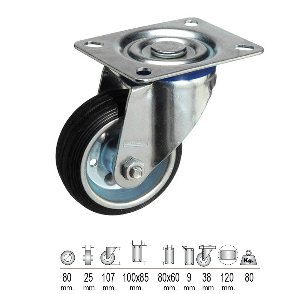 Rueda industrial goma negra placa   80 mm