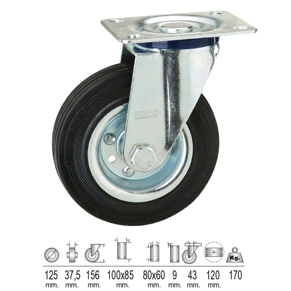 Rueda industrial goma negra placa  125 mm