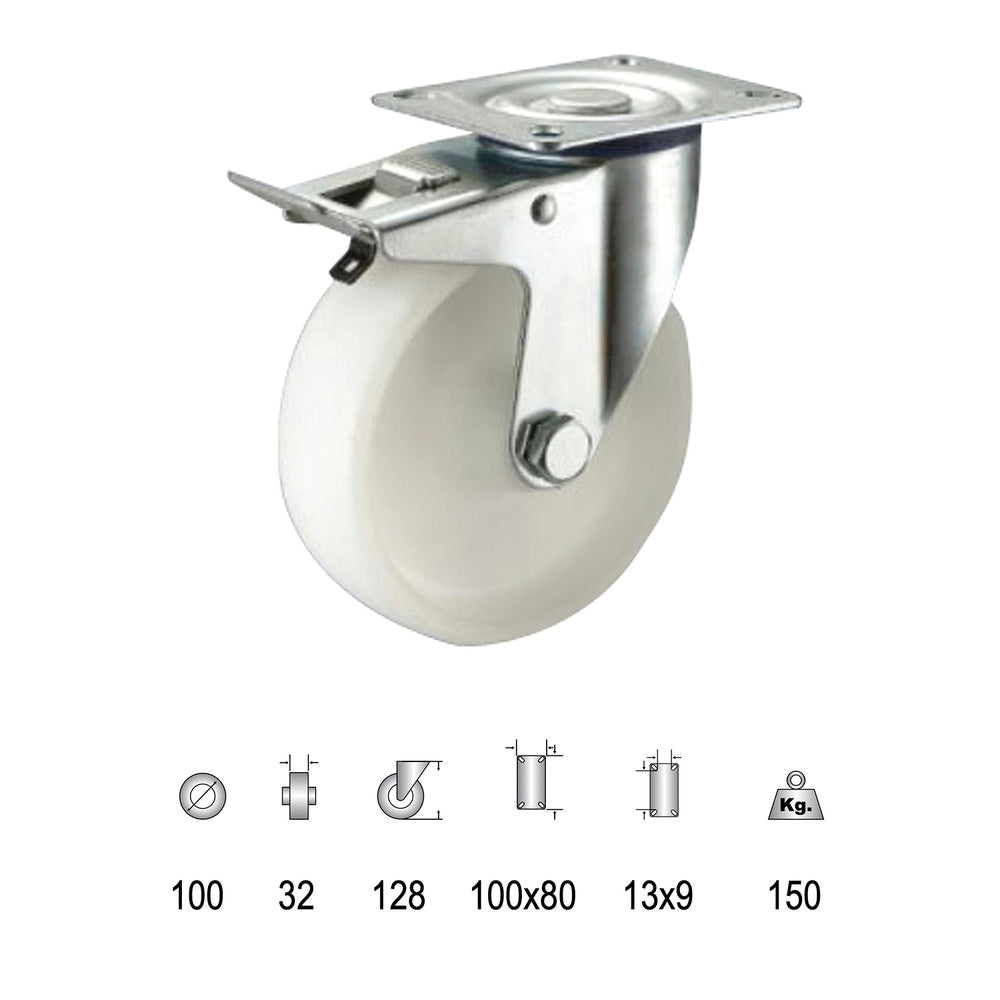 Rueda industrial nailon placa con freno 100mm