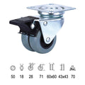 Roda dupla doméstica, placa de poliamida cinzenta com travão, 50 mm