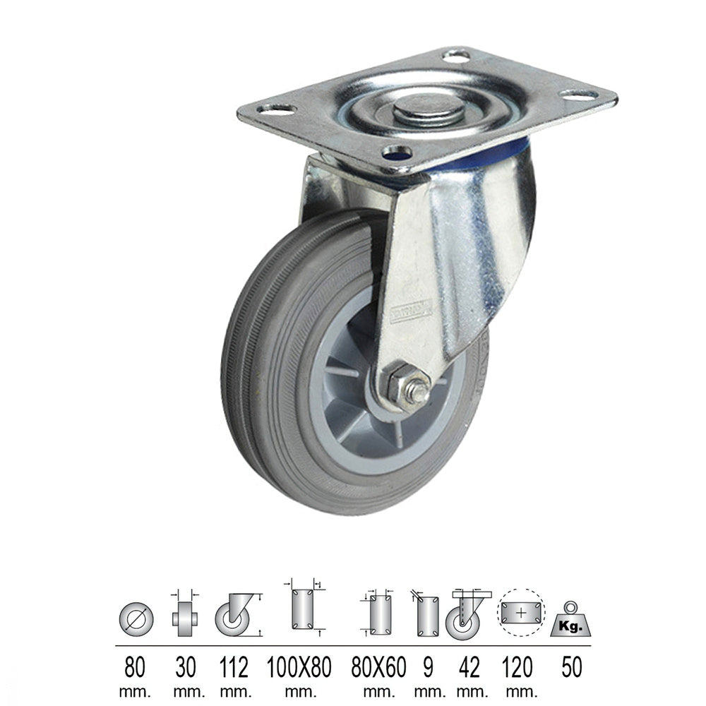 Rueda industrial goma gris placa  80mm