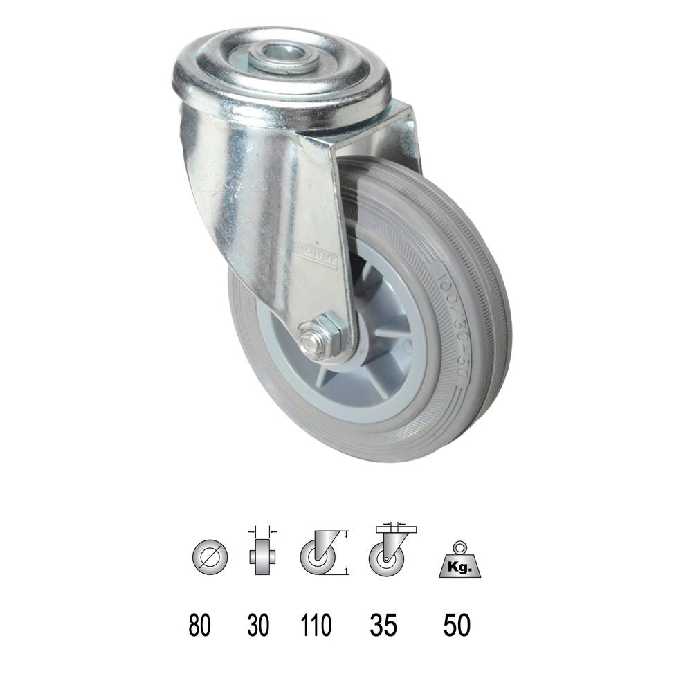 Rueda industrial goma gris pasante  80mm