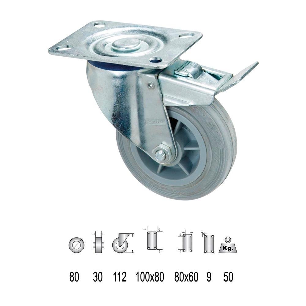 Rueda industrial goma gris placa con freno  80mm