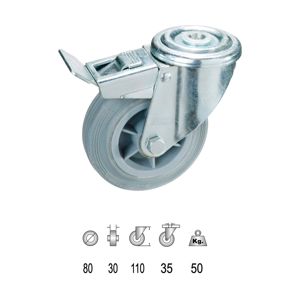 Roda industrial de borracha cinzenta de 80 mm com travão