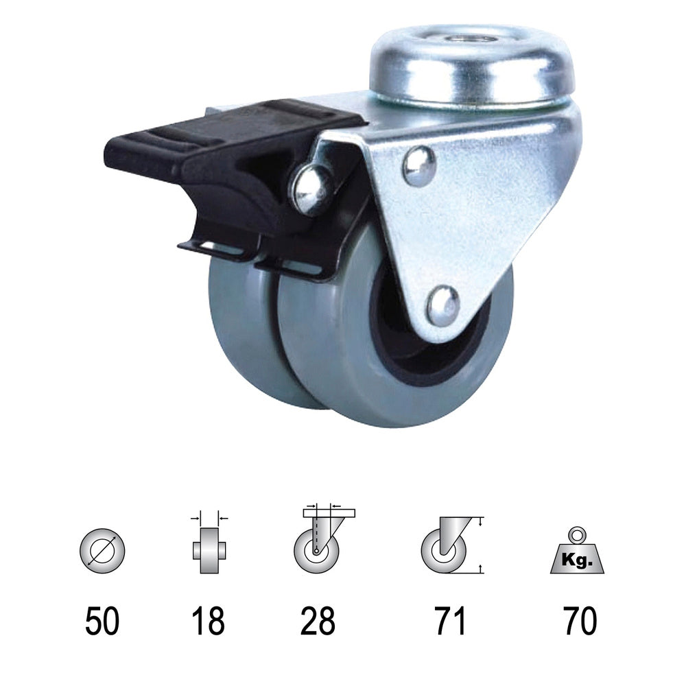 Roda industrial dupla passante de 50 mm em poliamida cinzenta com travão