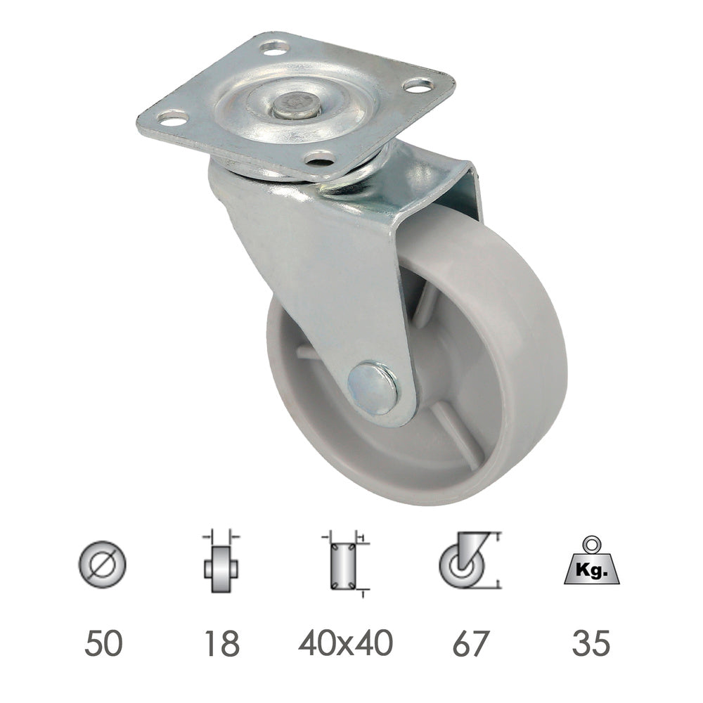 Domestic castor ø 50 mm with 40x40 mm plate
