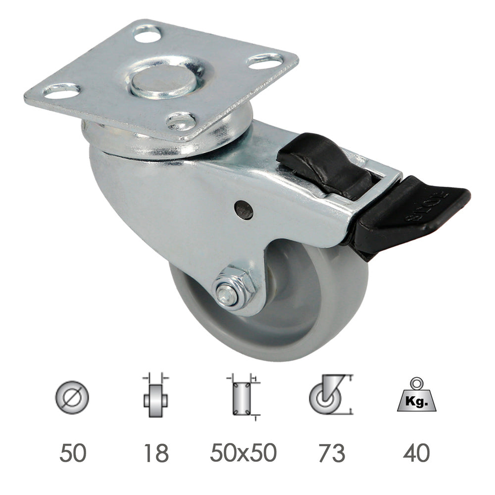 Domestic castor ø 50 mm with 50x50 mm plate with brake