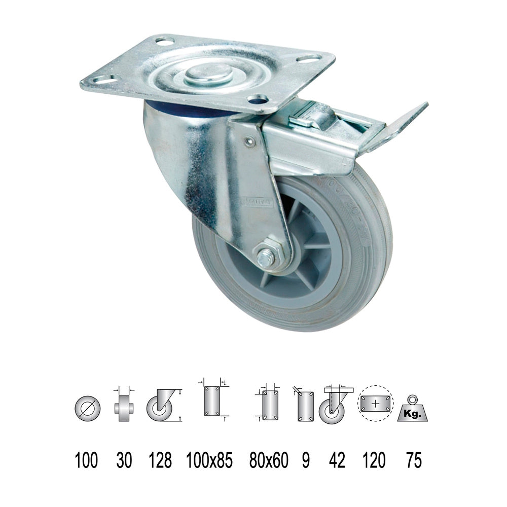 Rueda industrial goma gris placa con freno 100 mm