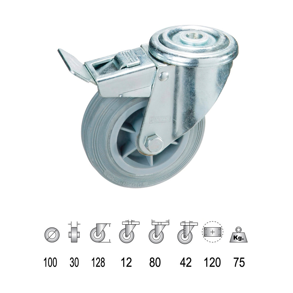 Rueda industrial goma gris pasante con freno100 mm