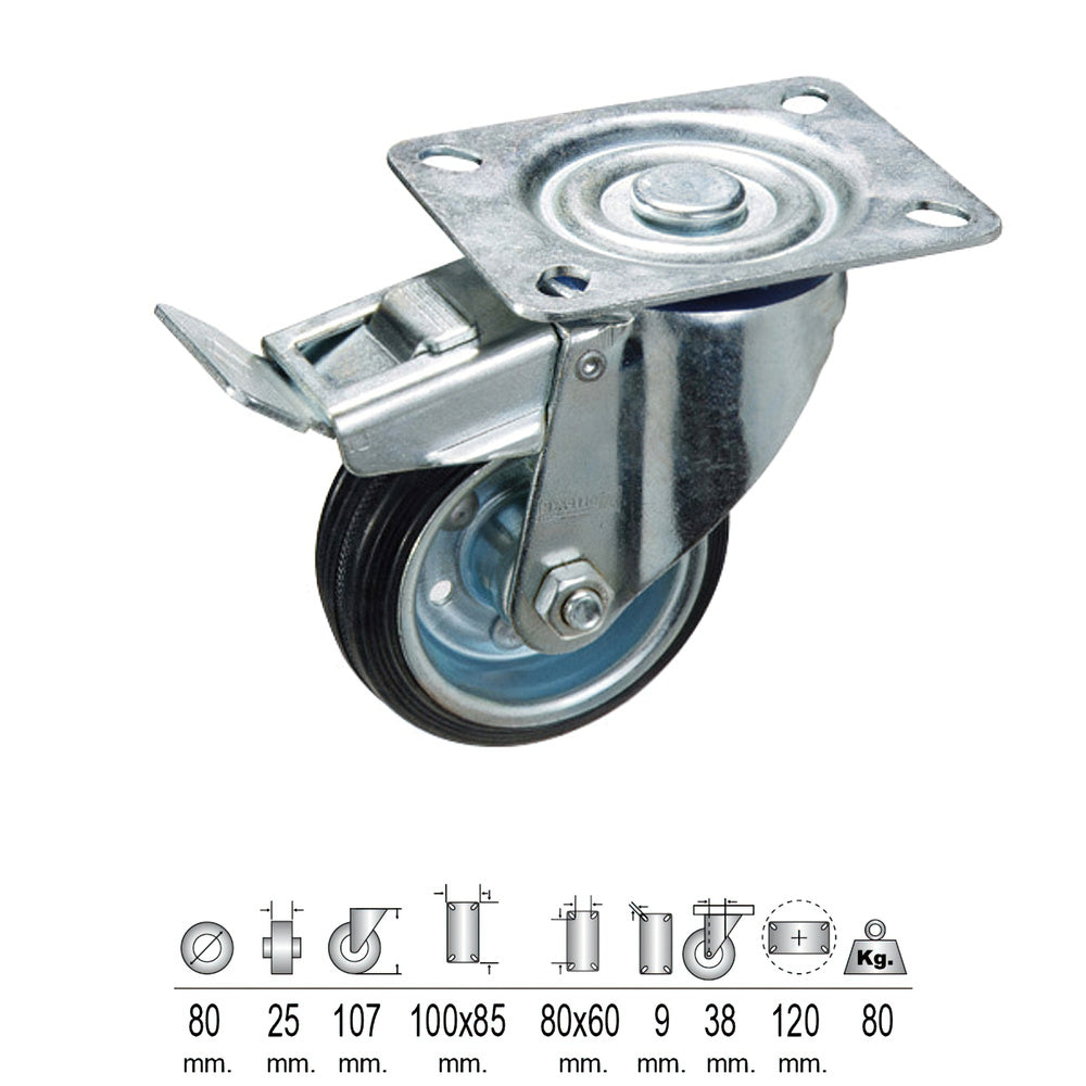 Rueda industrial goma negra placa con freno   80 mm