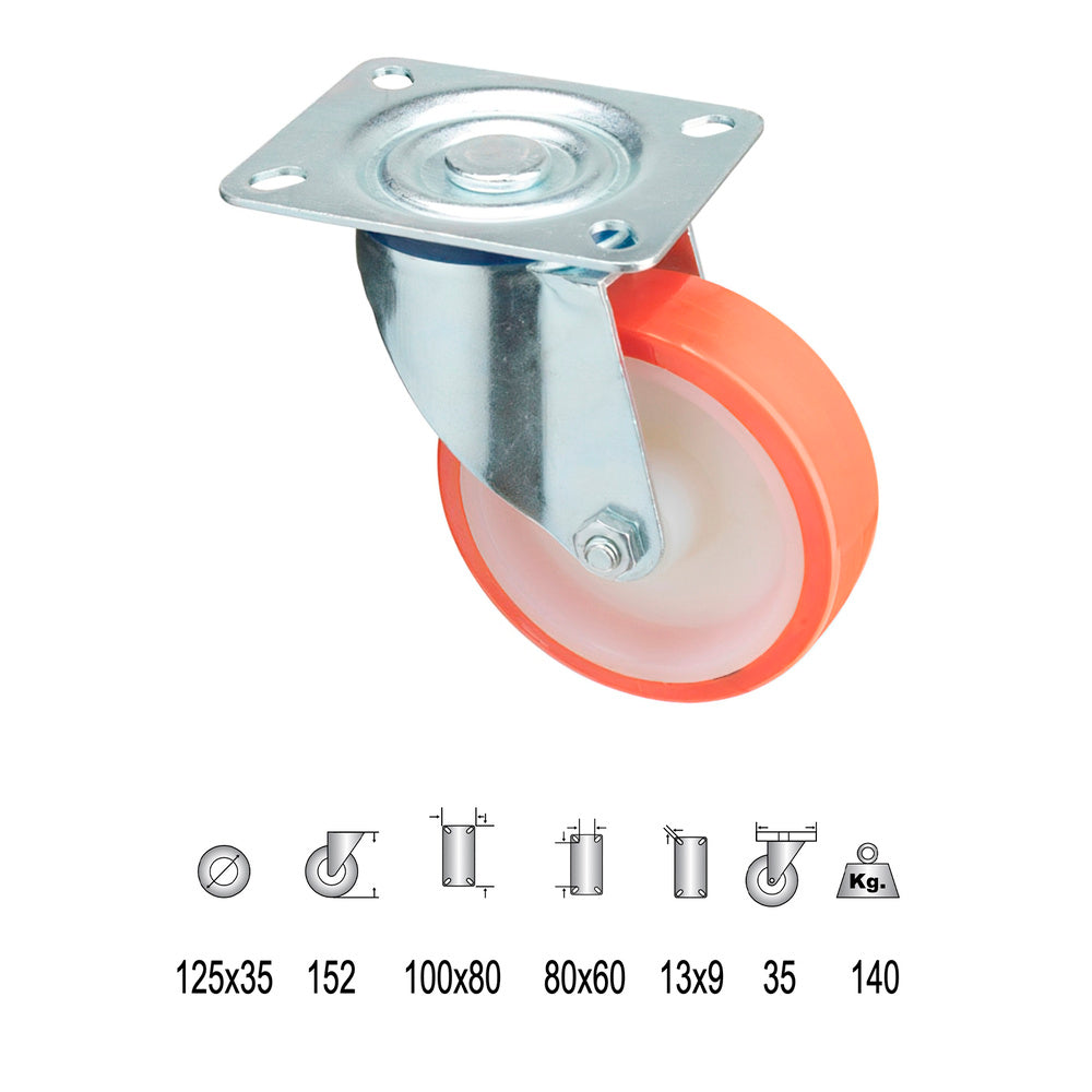 Rueda industrial poliuretano placa 125 mm