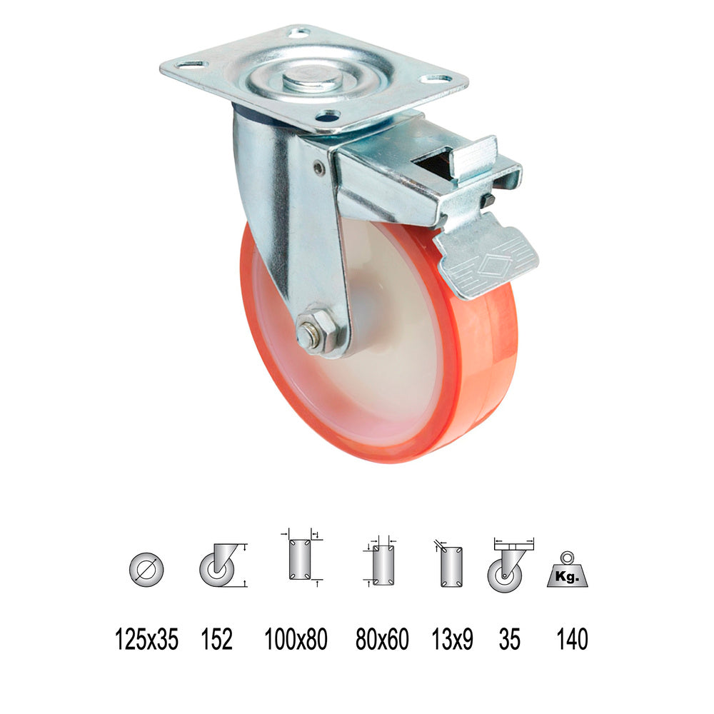 Rueda industrial poliuretano placa con freno 125 mm
