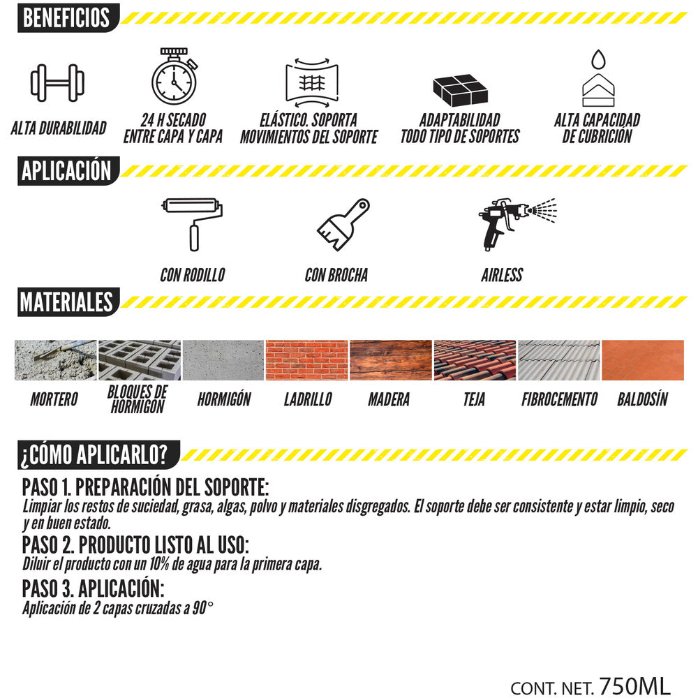 Pintura impermeabilizante con fibras para exteriores / interiores 750 ml. Color gris