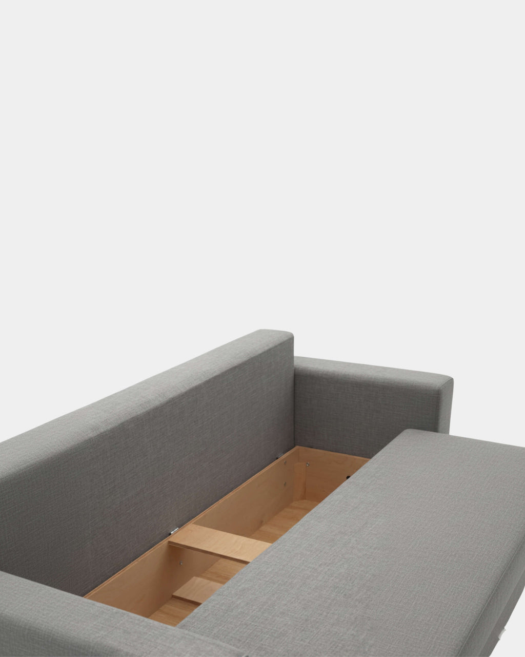 Sofá cama gris con apertura libro y almacenamiento