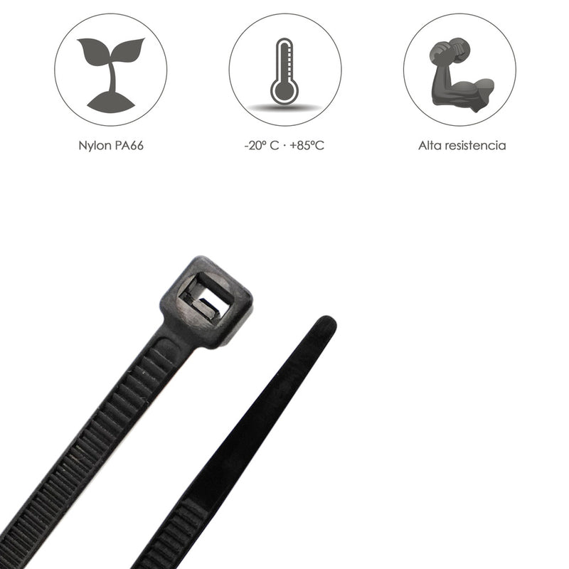 Brida nylon 100%. color negro 2,5 x 135 mm. bolsa 100 unidades. abrazadera plástico, organizador cables, alta resistencia