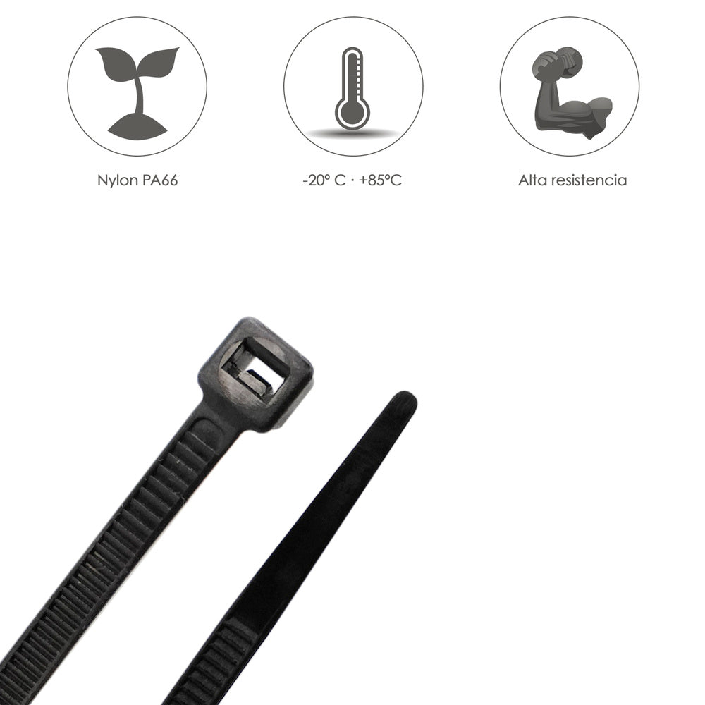 Brida nylon 100%. Color negro 2,5 x 100 mm bolsa 100 unidades. Abrazadera plástico, organizador cables, alta resistencia