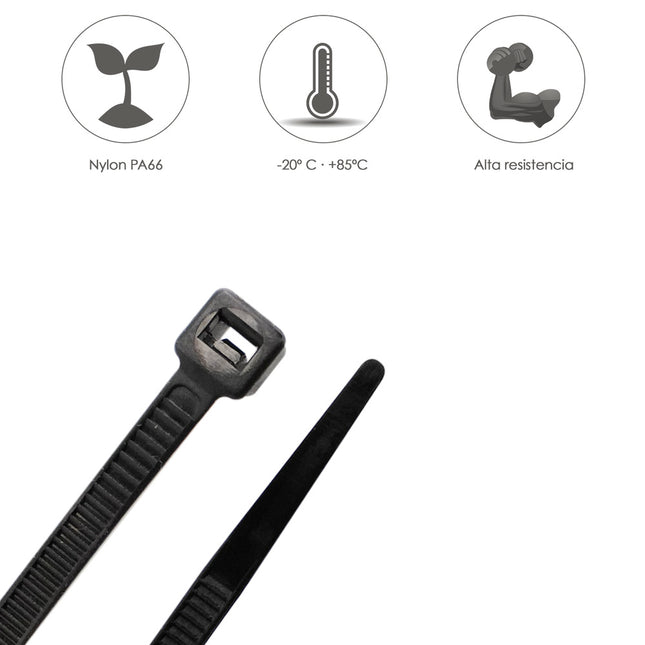 Brida nylon 100%. color negro 3,5 x 140 mm. bolsa 100 unidades. abrazadera plástico, organizador cables, alta resistencia