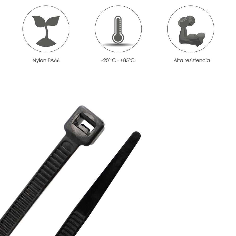 Brida nailon 100%. Color negro 3,5 x 280 mm bolsa 100 unidades. Abrazadera plástico, organizador cables, alta resistencia