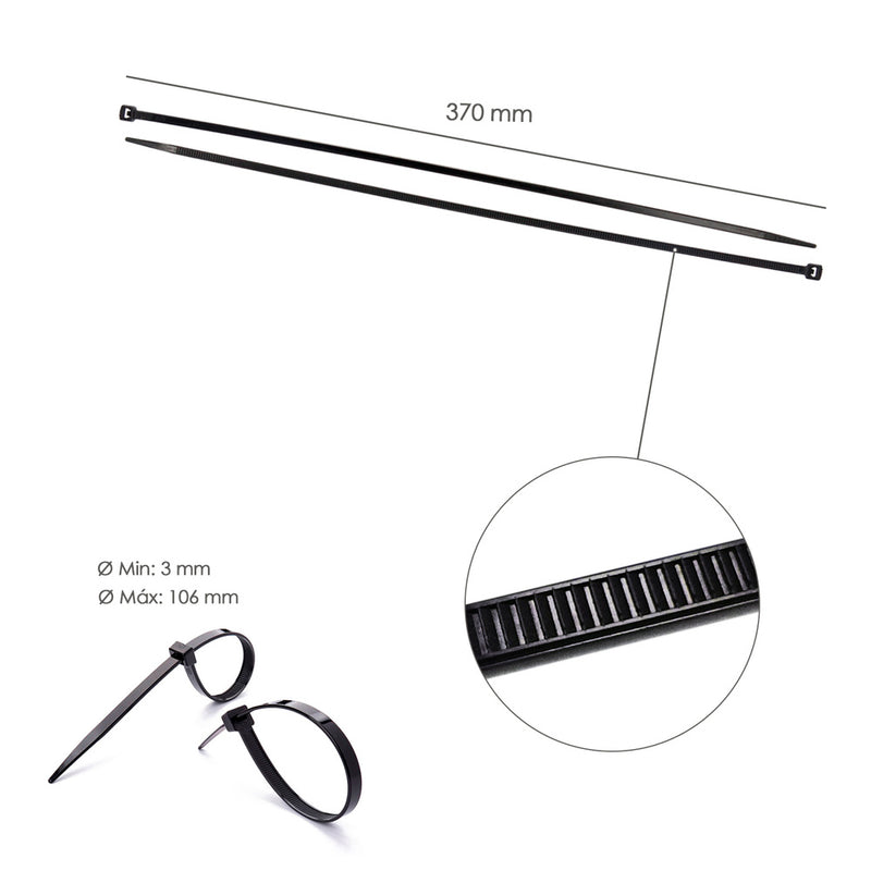 Brida nylon 100%. color negro 3,6 x 370 mm. bolsa 100 unidades. abrazadera plástico, organizador cables, alta resistencia