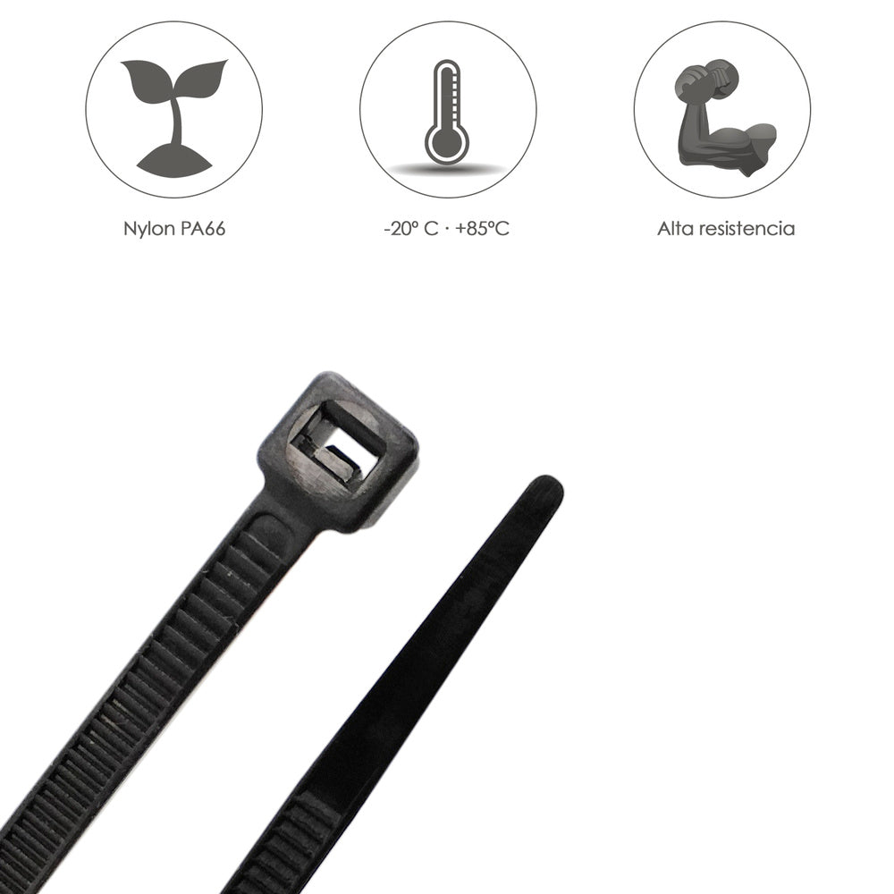 Brida nailon 100%. Color negro 4,5 x 200 mm bolsa 100 unidades. Abrazadera plástico, organizador cables, alta resistencia
