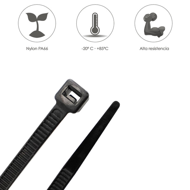 Brida nylon 100%. color negro 4,5 x 360 mm. bolsa 100 unidades. abrazadera plástico, organizador cables, alta resistencia