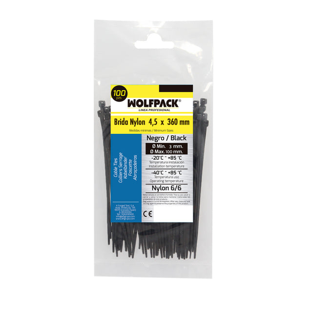 Brida nylon 100%. color negro 4,5 x 360 mm. bolsa 100 unidades. abrazadera plástico, organizador cables, alta resistencia