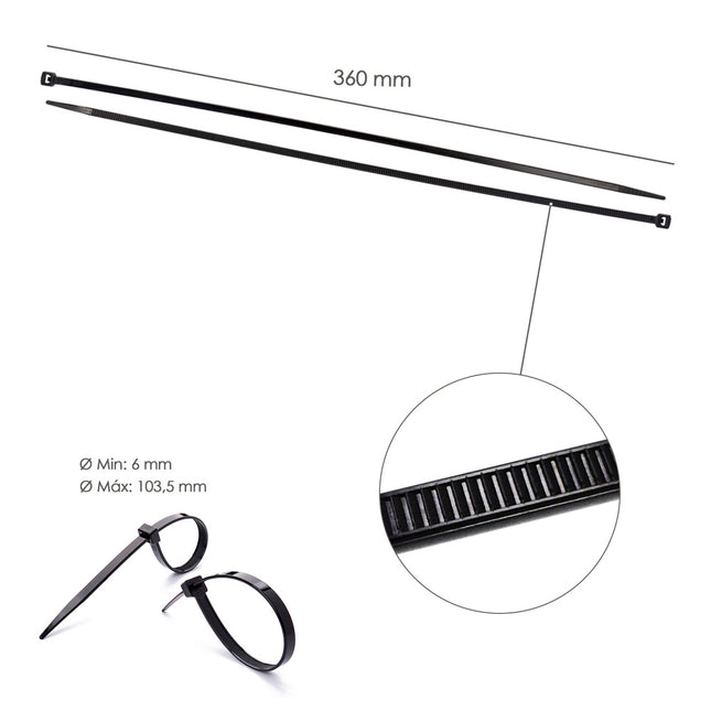 Brida nylon 100%. color negro 7,5 x 360 mm. bolsa 100 unidades. abrazadera plástico, organizador cables, alta resistencia
