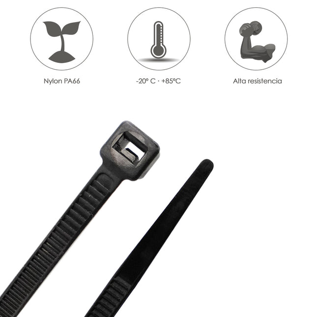 Brida nylon 100%. color negro 7,5 x 360 mm. bolsa 100 unidades. abrazadera plástico, organizador cables, alta resistencia