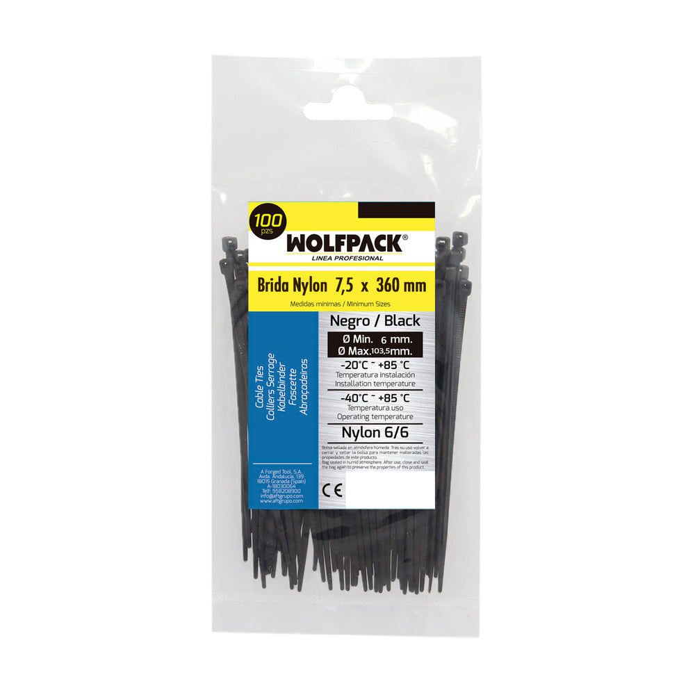 Brida nailon 100%. Color negro 7,5 x 360 mm bolsa 100 unidades. Abrazadera plástico, organizador cables, alta resistencia