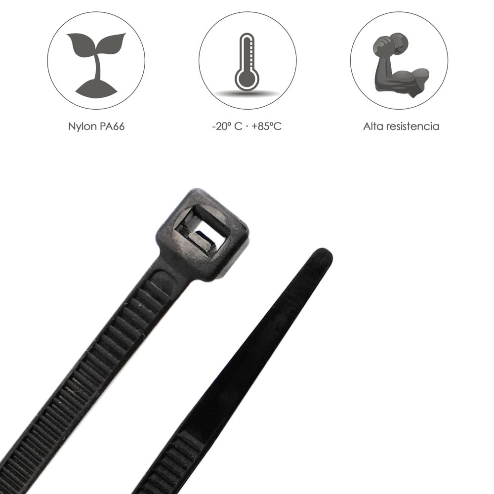 Brida nailon 100%. Color negro 7,5 x 450 mm bolsa 100 unidades. Abrazadera plástico, organizador cables, alta resistencia