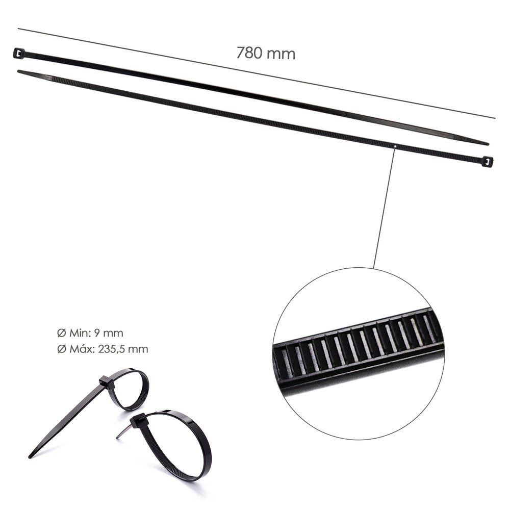 Brida nailon 100%. Color negro 9,0 x 780 mm bolsa 100 unidades. Abrazadera plástico, organizador cables, alta resistencia