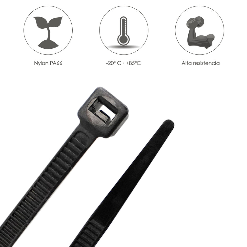 Brida nailon 100%. Color negro 9,0 x 780 mm bolsa 100 unidades. Abrazadera plástico, organizador cables, alta resistencia