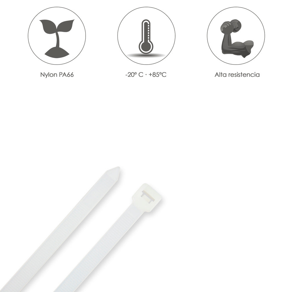 Brida nailon 100%. Color blanco / natural 2,5 x 100 mm 100 piezas. Abrazadera plástico, organizador cables, alta resistencia