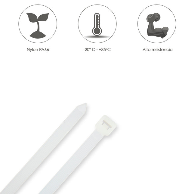 Brida nylon 100%. color blanco / natural 3,5 x 140 mm. 100 piezas. abrazadera plástico, organizador cables, alta resistencia