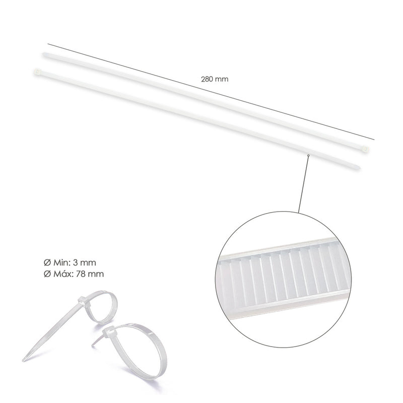 Brida nylon 100%. color blanco / natural 3,5 x 280 mm. 100 piezas. abrazadera plástico, organizador cables, alta resistencia