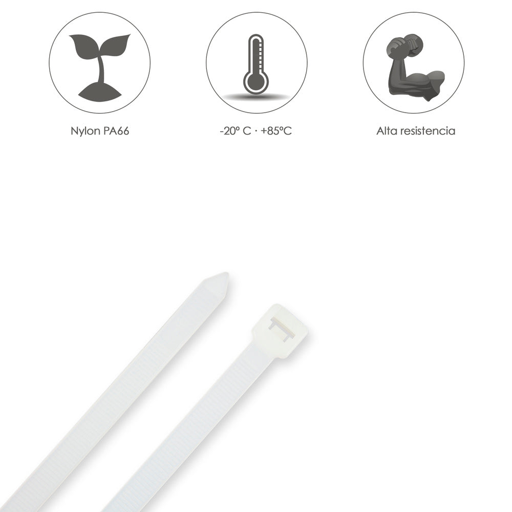 Brida nailon 100%. Color blanco / natural 3,5 x 280 mm 100 piezas. Abrazadera plástico, organizador cables, alta resistencia