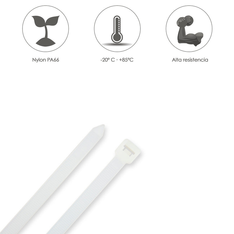 Brida nylon 100%. color blanco / natural 3,6 x 370 mm. 100 piezas. abrazadera plástico, organizador cables, alta resistencia