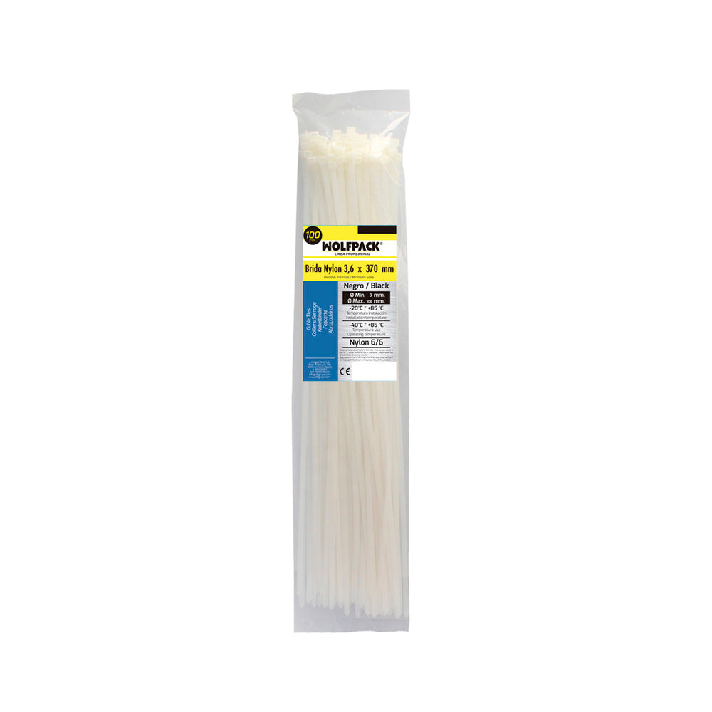 Brida nailon 100%. Color blanco / natural 3,6 x 370 mm 100 piezas. Abrazadera plástico, organizador cables, alta resistencia
