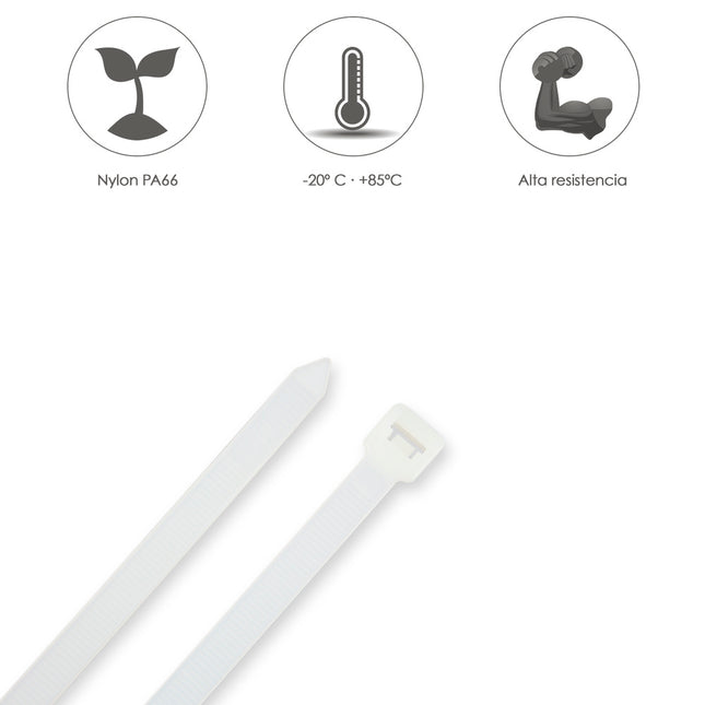 Brida nylon 100%. color blanco / natural 4,5 x 200 mm. 100 piezas. abrazadera plástico, organizador cables, alta resistencia