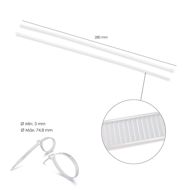 Brida nylon 100%. color blanco / natural 4,5 x 280 mm. 100 piezas. abrazadera plástico, organizador cables, alta resistencia