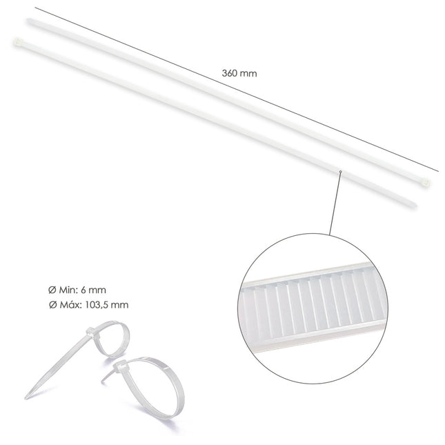 Brida nylon 100%. color blanco / natural 7,5 x 360 mm. 100 piezas. abrazadera plástico, organizador cables, alta resistencia