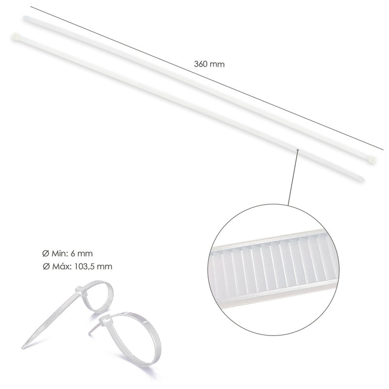 Brida nylon 100%. color blanco / natural 7,5 x 360 mm. 100 piezas. abrazadera plástico, organizador cables, alta resistencia