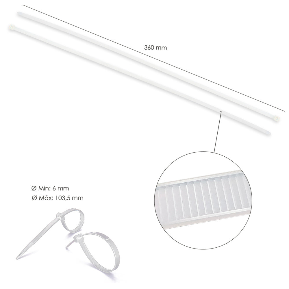 Brida nailon 100%. Color blanco / natural 7,5 x 360 mm 100 piezas. Abrazadera plástico, organizador cables, alta resistencia