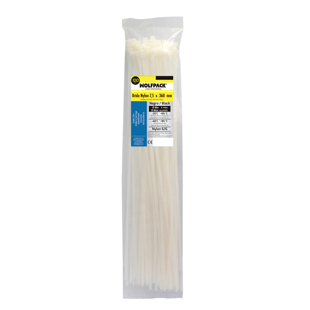 Brida nailon 100%. Color blanco / natural 7,5 x 360 mm 100 piezas. Abrazadera plástico, organizador cables, alta resistencia