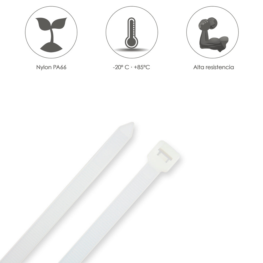 Brida nailon 100%. Color blanco / natural 7,8 x 540 mm 100 piezas. Abrazadera plástico, organizador cables, alta resistencia